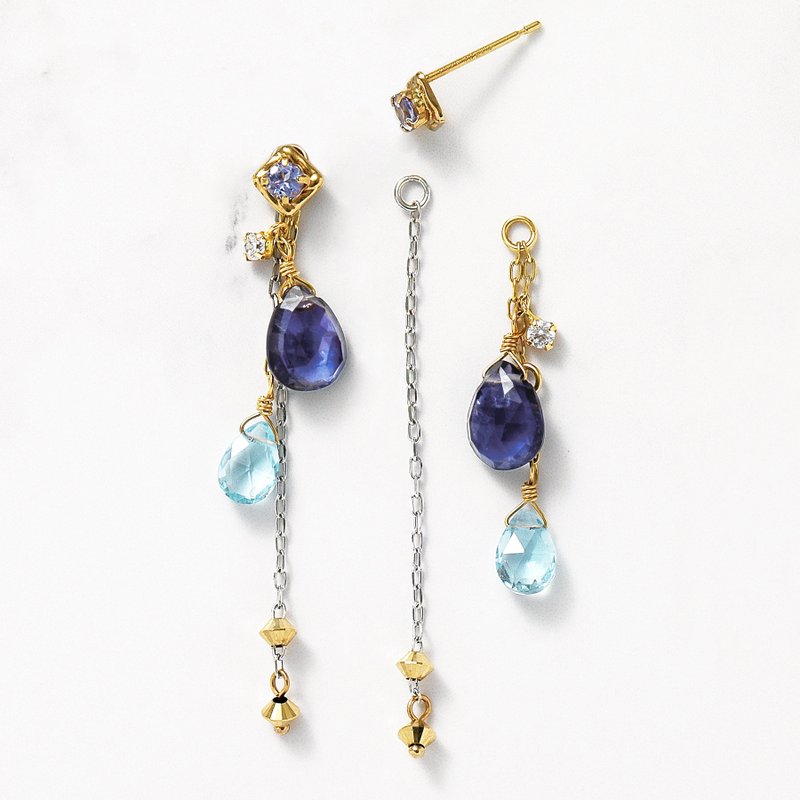 【Palette】 18K/10K 堇青石 x 藍色托帕石墜飾套裝耳環 - 耳環/耳夾/耳骨夾 - 貴金屬 