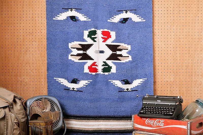 Vintage Mexican Handwoven Blanket - Blue Colored Totem - Blankets & Throws - Cotton & Hemp Blue