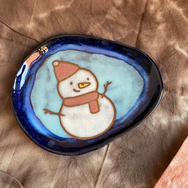 Snowman plate. Pottery plate. shallow dish - Plates & Trays - Pottery Blue