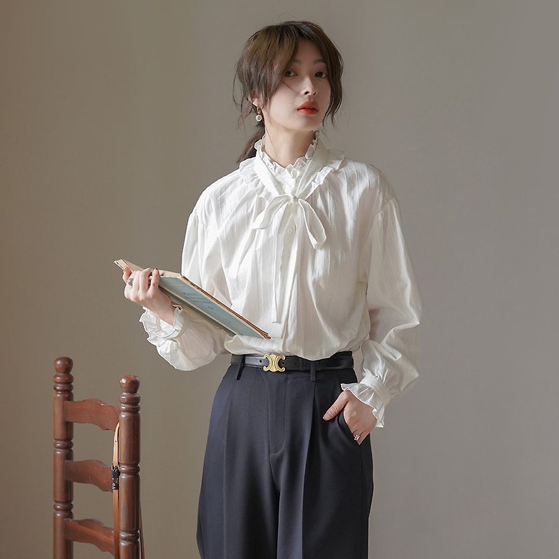 French Raff Neck Ribbon White Shirt|Shirt|Autumn|Sora-1031 - เสื้อเชิ้ตผู้หญิง - ผ้าฝ้าย/ผ้าลินิน ขาว