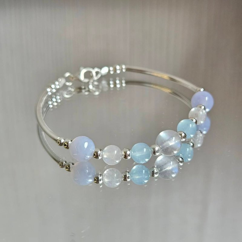 Moonlight Macaron Series s925 Sterling Silver Aquamarine Moonstone Blue Agate Bracelet | Handmade - สร้อยข้อมือ - เงินแท้ 