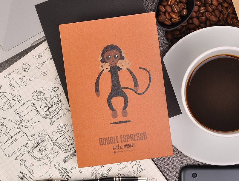 咖啡小猴子賀卡明信片生日卡 - 雙倍特濃咖啡 Double Espresso - 心意卡/卡片 - 紙 咖啡色
