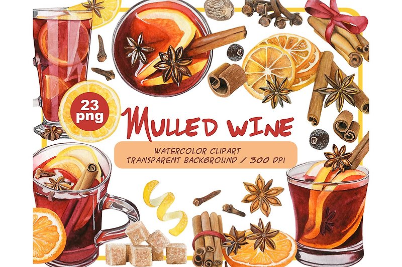 Watercolor mulled wine clipart - Winter Alcoholic drink PNG - Illustration, Painting & Calligraphy - Other Materials Red