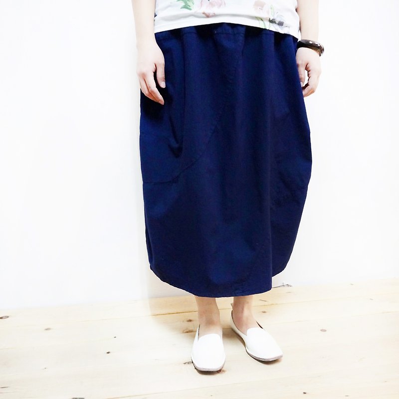 Pure cotton elastic splicing skirt / dark blue - กระโปรง - ผ้าฝ้าย/ผ้าลินิน สีน้ำเงิน
