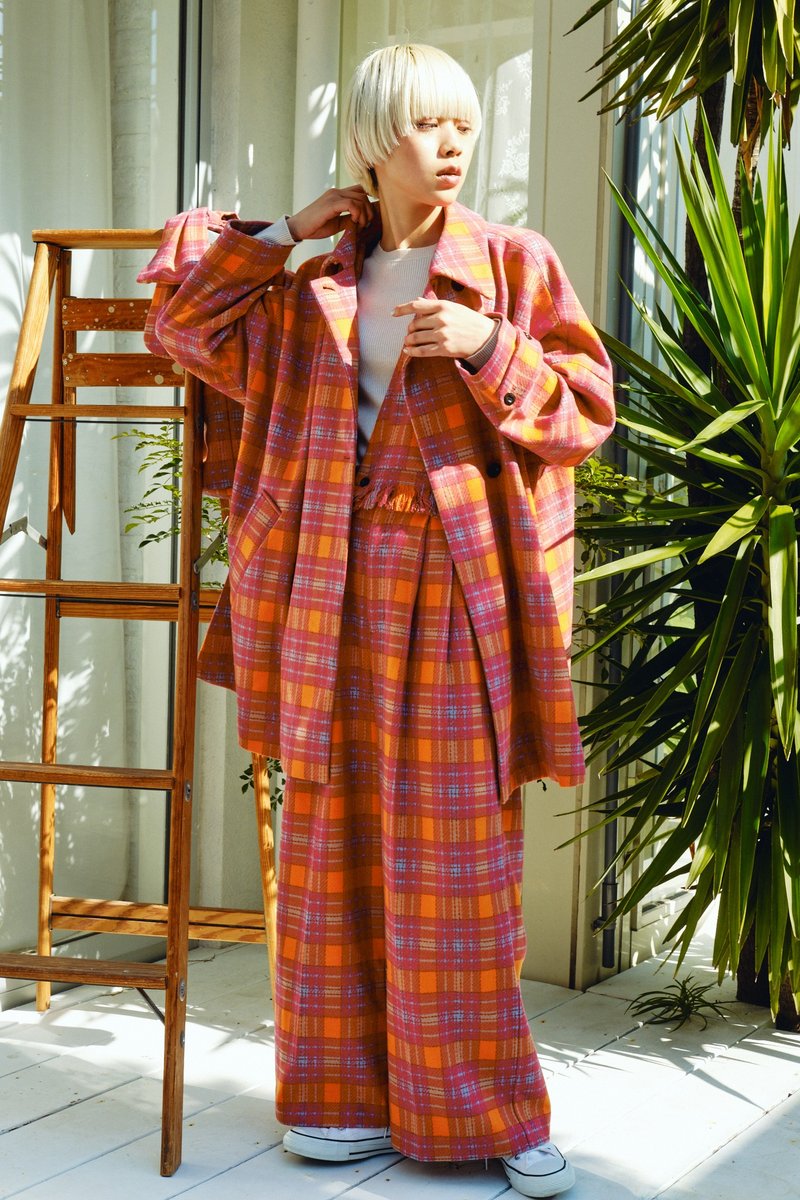 oversize check coat - เสื้อสูท/เสื้อคลุมยาว - ขนแกะ สึชมพู