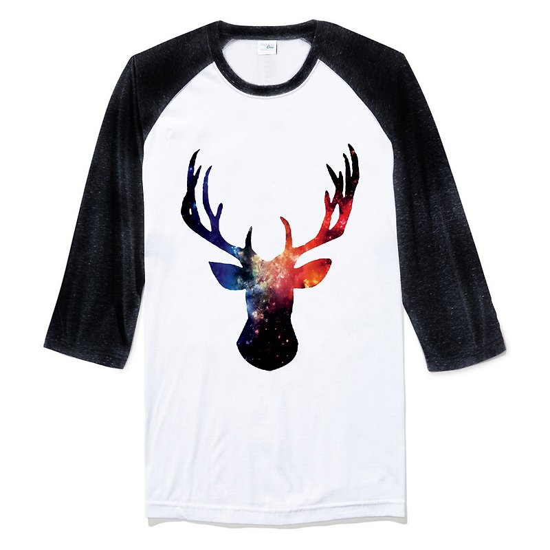 Cosmic Stag[Spot] Unisex three-quarter sleeve T-shirt white black deer universe cheap fashion design self-made brand galaxy fashionable round triangle - เสื้อยืดผู้ชาย - ผ้าฝ้าย/ผ้าลินิน ขาว