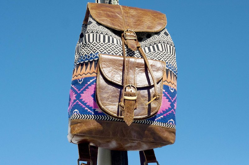 Leather stitching design backpack boho shoulder bag national wind mountaineering bag patch cloth bag - Moroccan color - Backpacks - Genuine Leather Multicolor