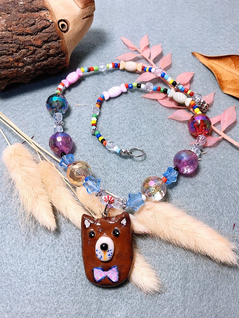 熊熊 手作黏土項鍊 陶土 手繪捏製 鋼絲線不銹鋼釦 串珠 - 項鍊 - 黏土 咖啡色