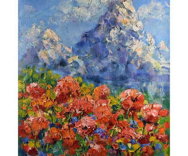 山の風景 ポピー 絵画 オリジナルアート 自然 印象派 アートワーク