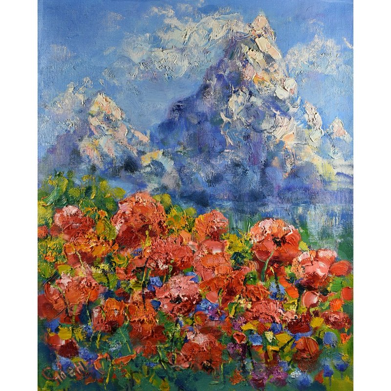 Mountain Landscape Poppy Painting Original Art Nature Impressionism Artwork - โปสเตอร์ - วัสดุอื่นๆ 