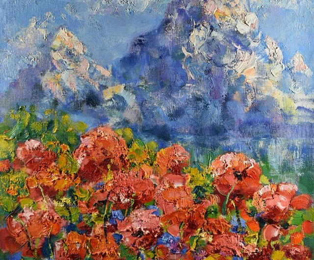 山の風景 ポピー 絵画 オリジナルアート 自然 印象派 アートワーク