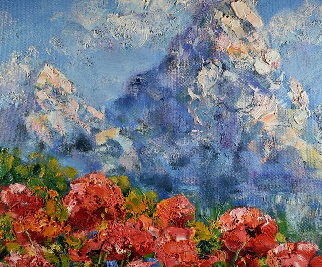 山の風景 ポピー 絵画 オリジナルアート 自然 印象派 アートワーク