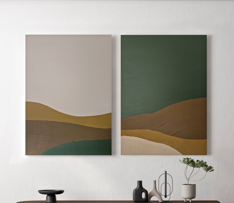 Green Brown Painting | Two-Piece Wall Art | Abstract Brown Green Hills Set - 壁貼/牆壁裝飾 - 棉．麻 綠色