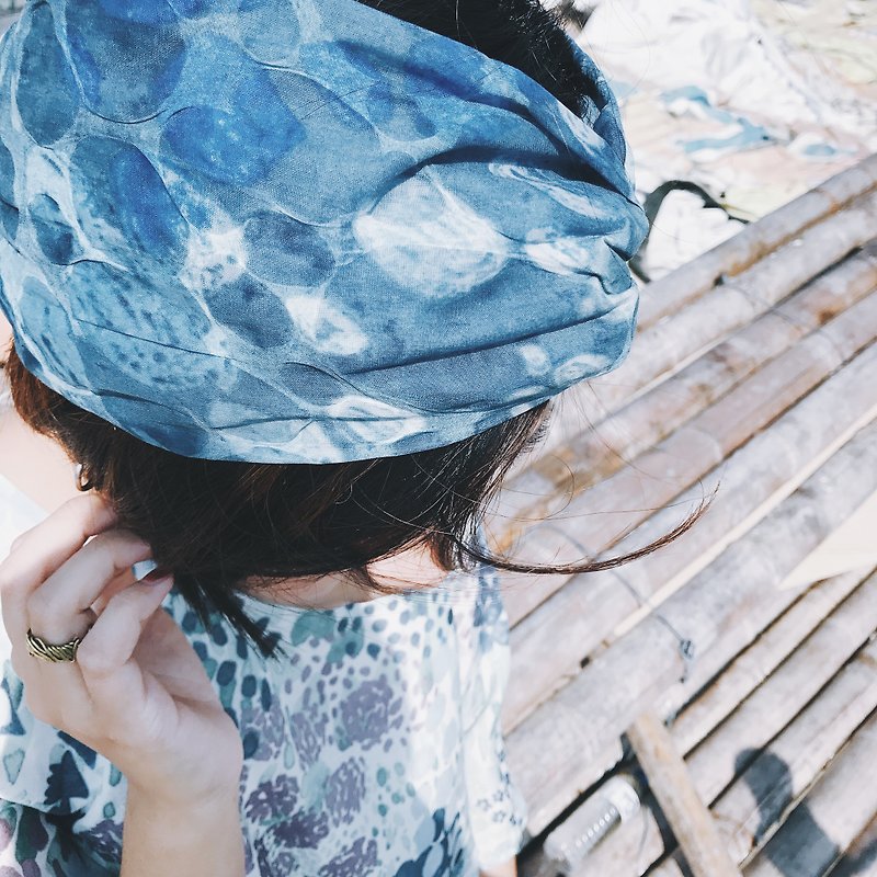 Mermaid Tears Towel Cap Elastic Extremely Wide Version/Handmade Hairband - เครื่องประดับผม - ผ้าฝ้าย/ผ้าลินิน สีน้ำเงิน