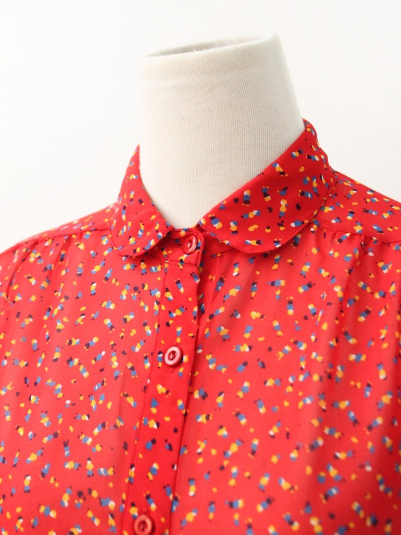Retro Japanese Geometric Red Short Sleeve Vintage Shirt Vintage Blouse - เสื้อเชิ้ตผู้หญิง - เส้นใยสังเคราะห์ สีแดง