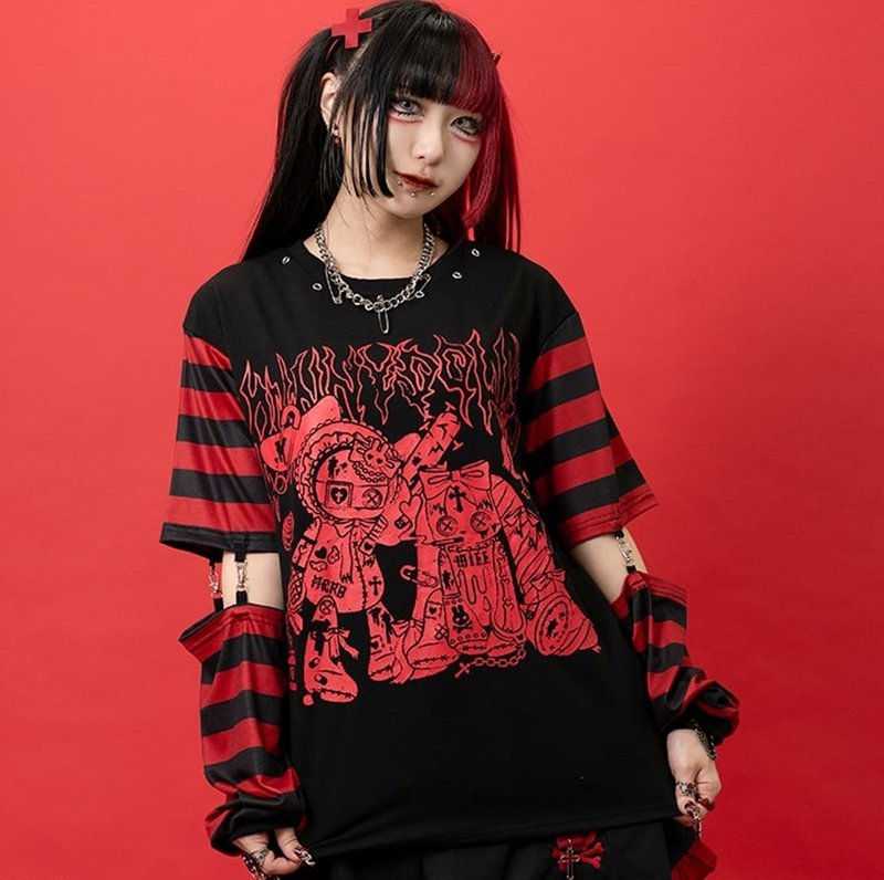 Pirate Rabbit Doll Distressed Print Unisex Striped Sleeve T-Shirt Brand ACDC RAG Taiwan Agent JA0686 - Women's T-Shirts - Polyester 