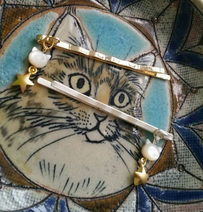 Cat shape mother pearl Gold-plated/Silver-plated hair pin - เครื่องประดับผม - เครื่องเพชรพลอย สีเงิน