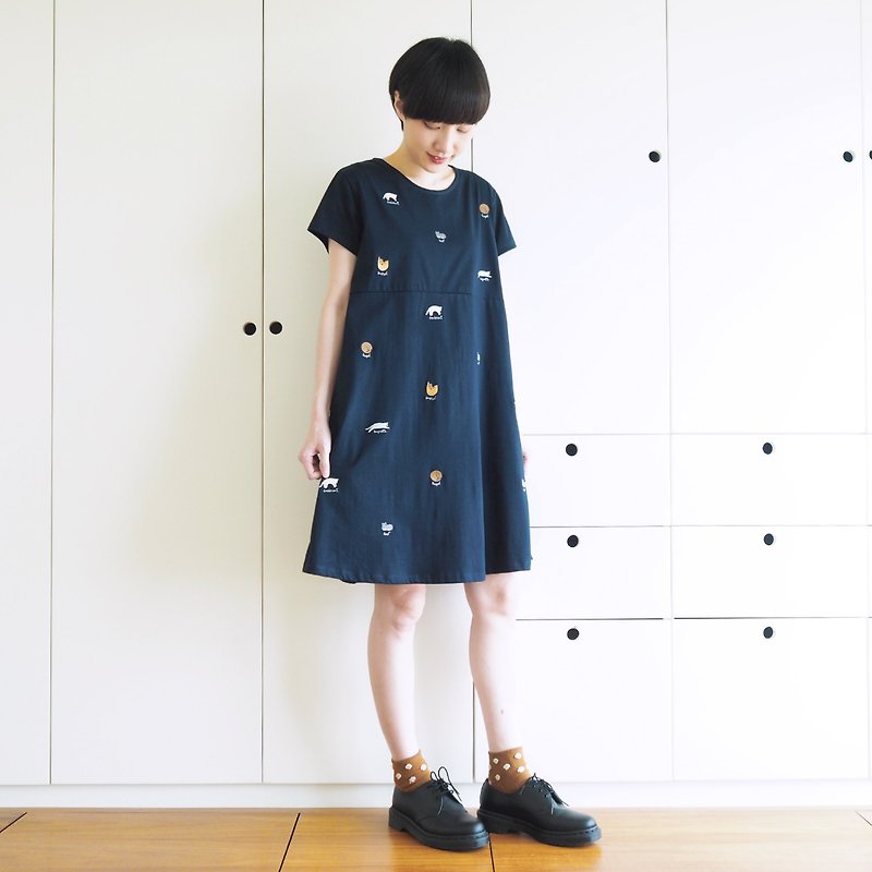 cat bread dress : navy - 連身裙 - 棉．麻 藍色