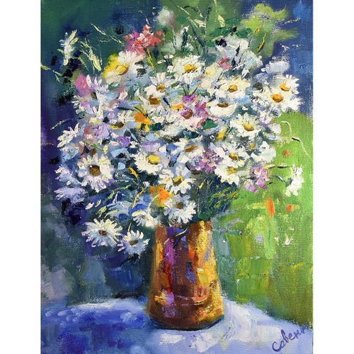 油絵　花の絵 花の絵デイジーオリジナルアート花の印象派アートワーク油