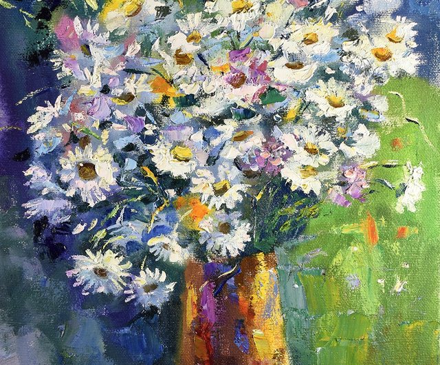 花の絵デイジーオリジナルアート花の印象派アートワーク油