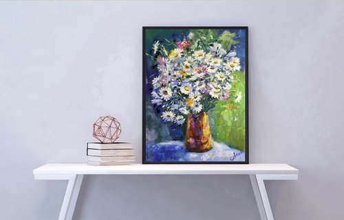 花の絵デイジーオリジナルアート花の印象派アートワーク油