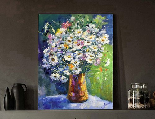 花の絵デイジーオリジナルアート花の印象派アートワーク油