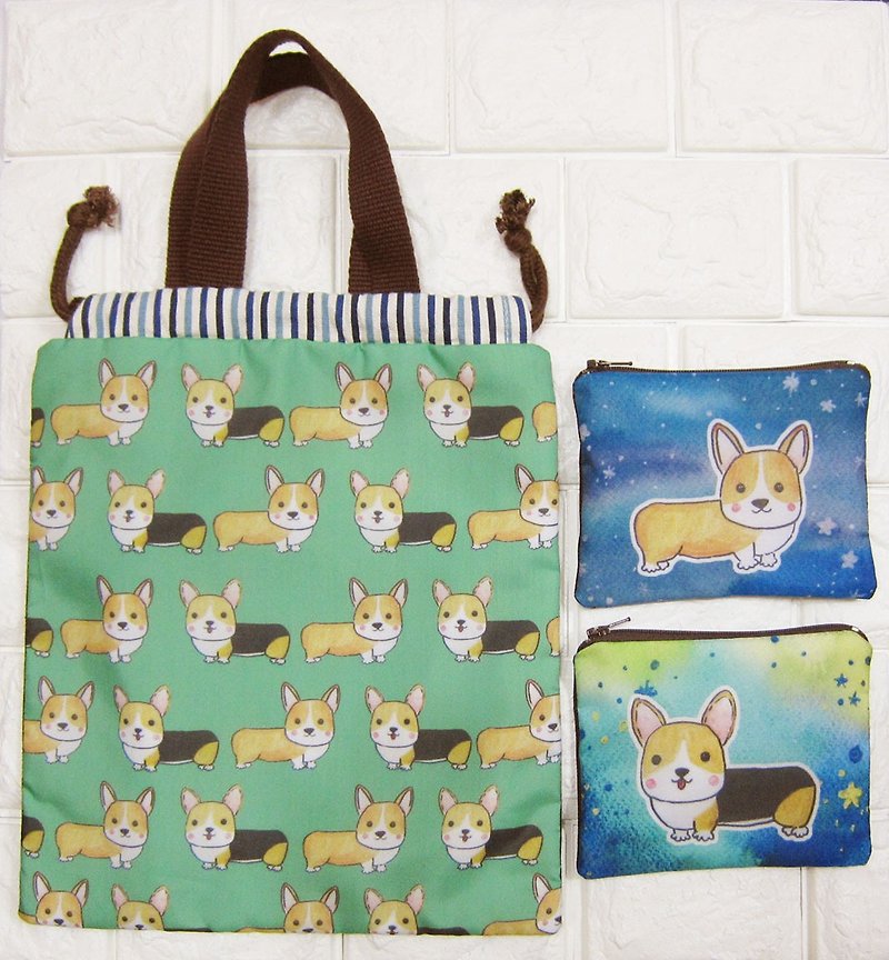 [Surprise Combination Bag_Corgi] One drawstring pocket + one key case - Handbags & Totes - Cotton & Hemp Multicolor