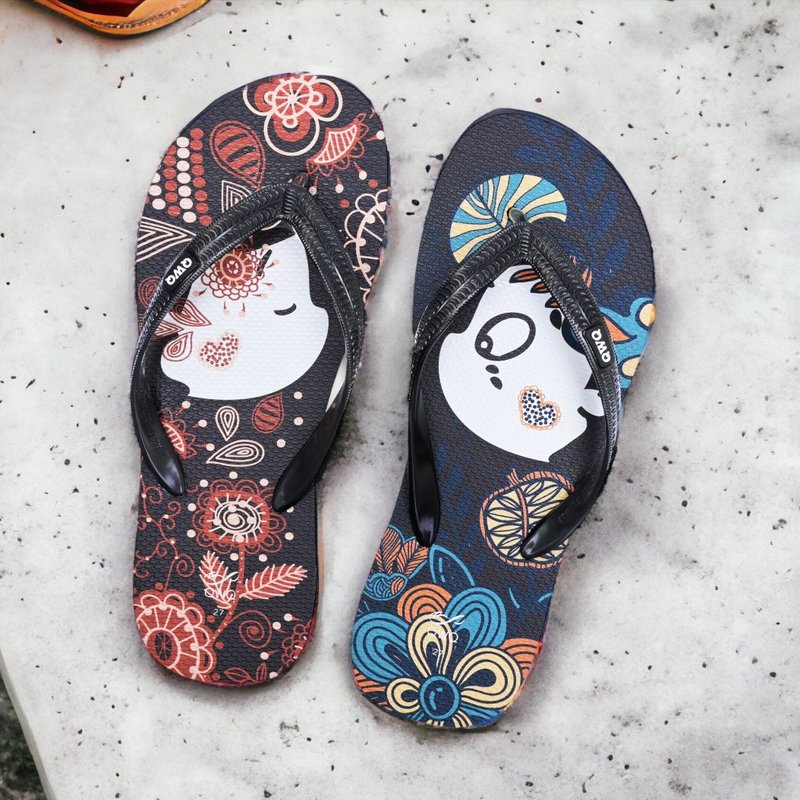 Men's cultural and creative drawing flip-flops soft Q anti-slip couple's flip-flops-Melody- - รองเท้าแตะ - ยาง หลากหลายสี