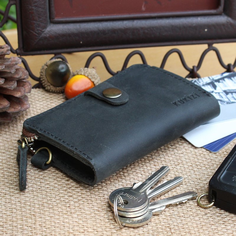 Key Case - F1 สีดำ / Key Holder / Key Ring / Key Bag (Genuine Cow Leather) - ที่ห้อยกุญแจ - หนังแท้ สีดำ