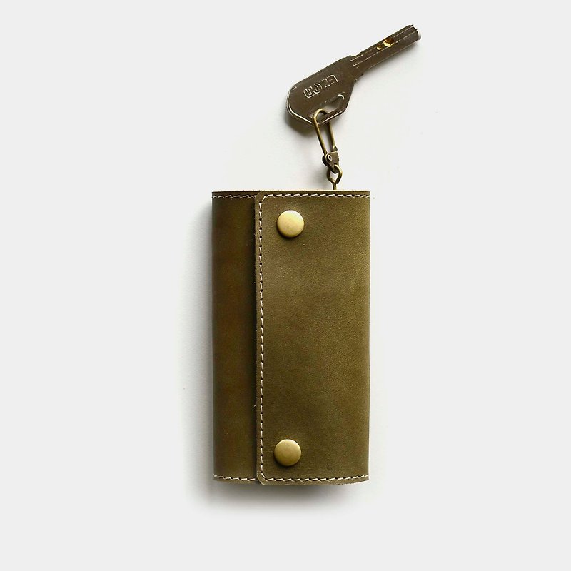 [Seaweed tatami] cowhide key case olive green leather lettering gift