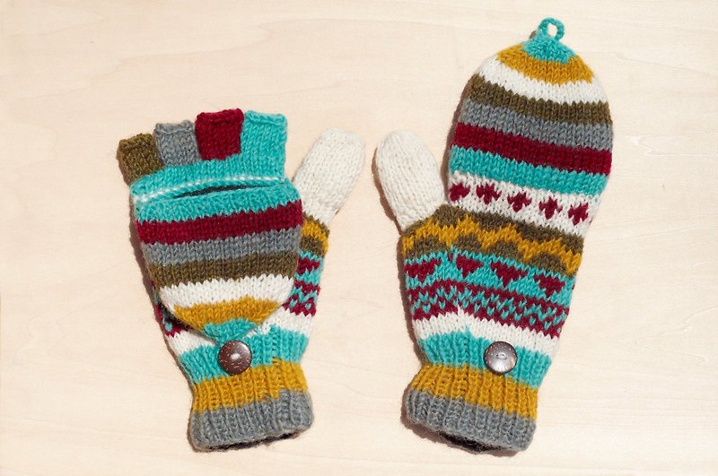 Handmade Knitted Pure Woolen Woolen Gloves / 2ways Gloves / Open Toe Gloves / Bristles Gloves / Knitted Gloves - Scarlet Nordic Forest Fell Island National Totem - Gloves & Mittens - Wool Multicolor