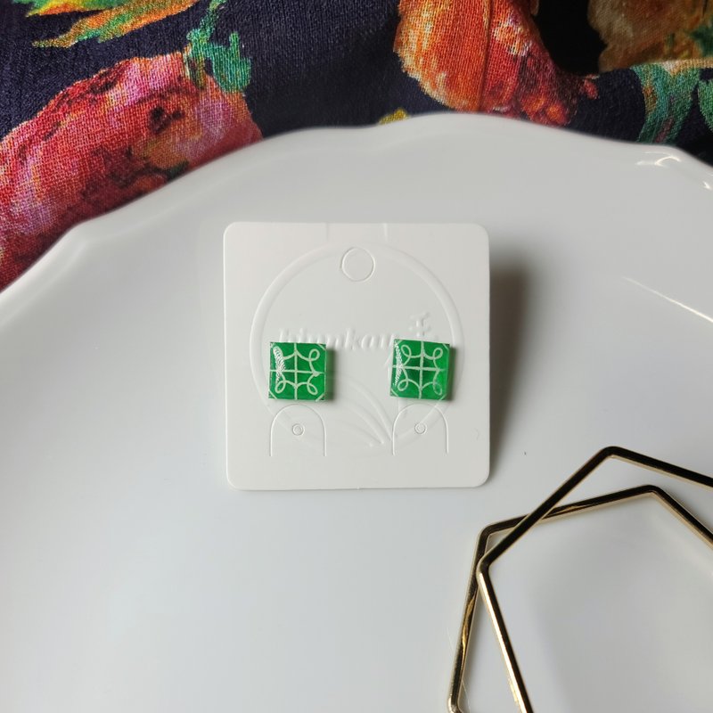 Old Taiwan Tiles Window Grills Pattern Handmade Hand Painted Earrings - ต่างหู - สแตนเลส สีเขียว