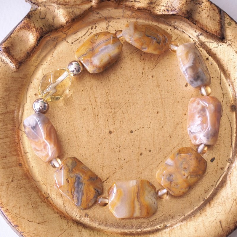 天然蕾絲瑪瑙 黃水晶 純銀手環 Crazy Lace Agate Bracelet - 手鍊/手環 - 半寶石 黃色