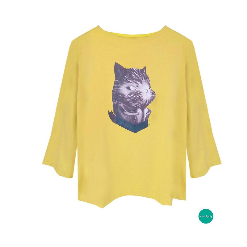 emmaAparty illustrator T: security cat (winter short version limited edition two colors) - Women's Tops - Cotton & Hemp 