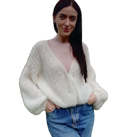 LarisaKnits Ivory Women Mohair Knitted Sweater Wide Long Sleeve Cardigan Oversized Jacket