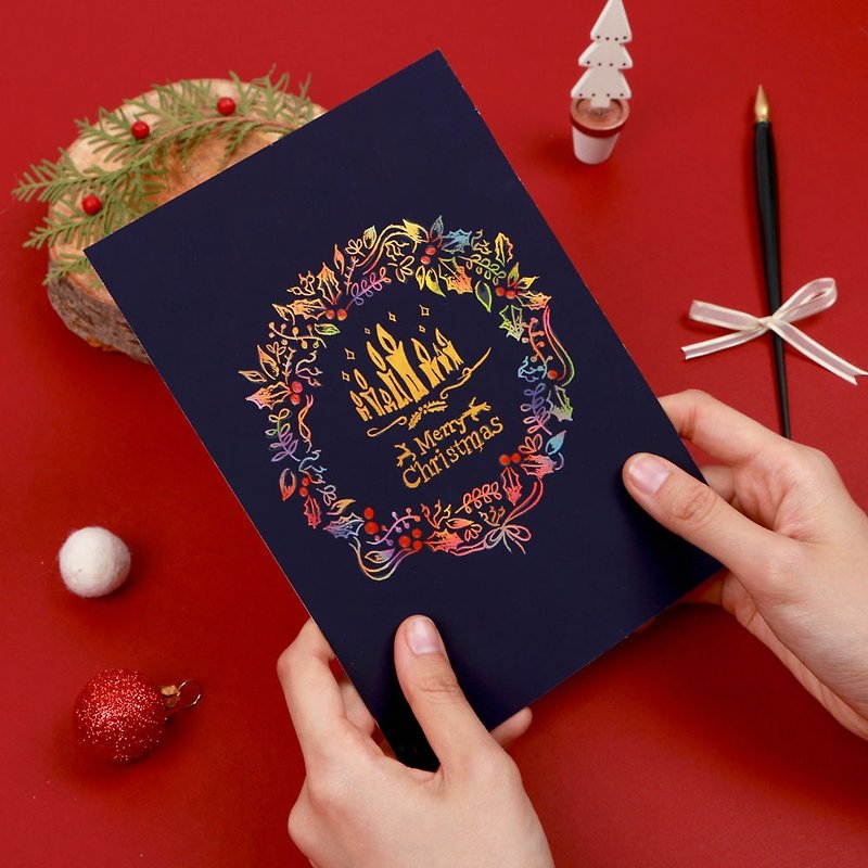 クリスマス-LAGOクリスマスカード手掻き取りビデオ - キャンドルライトクリスマスリース、LGO40877 - カード・はがき - 紙 多色