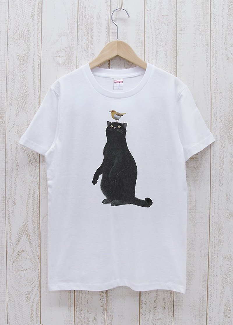 Black cat Tee Robin White / R018-T-WH - Unisex Hoodies & T-Shirts - Cotton & Hemp White