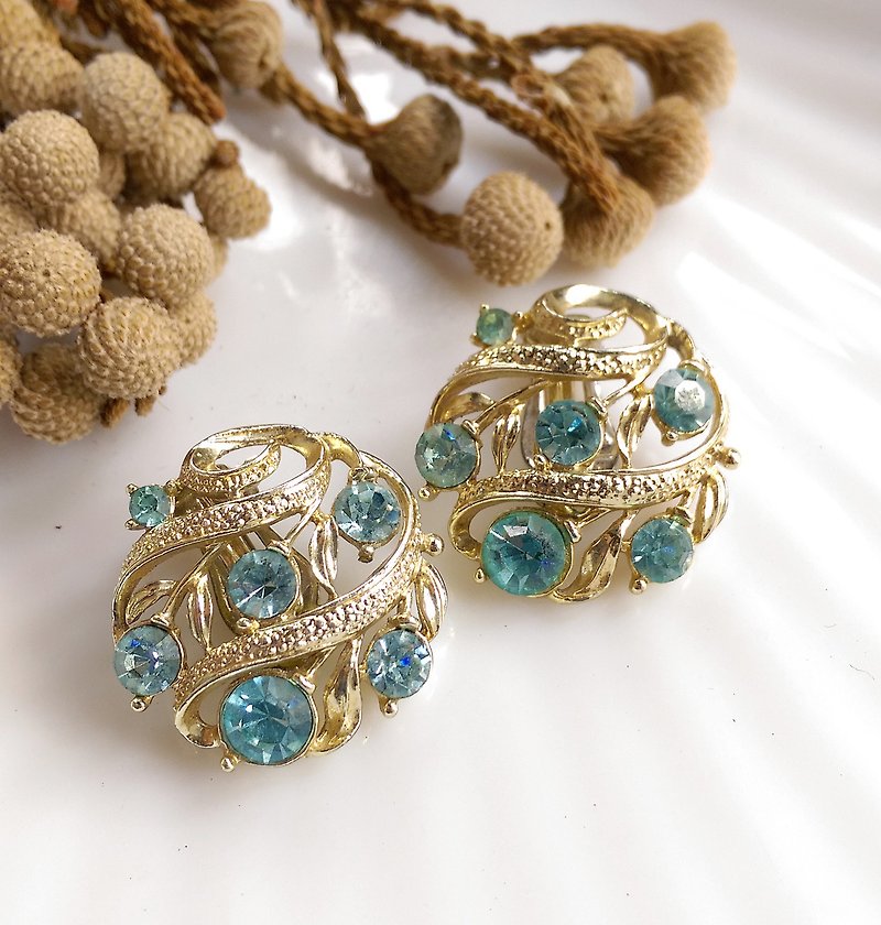 西洋古董飾品。LISNER 沁藍花形 夾式耳環 - 耳環/耳夾 - 其他金屬 金色