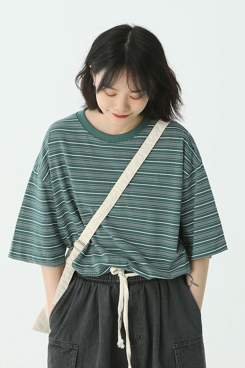 Green striped 2-color Japanese retro simple simple cotton T-shirt neutral basic loose top M-2XL