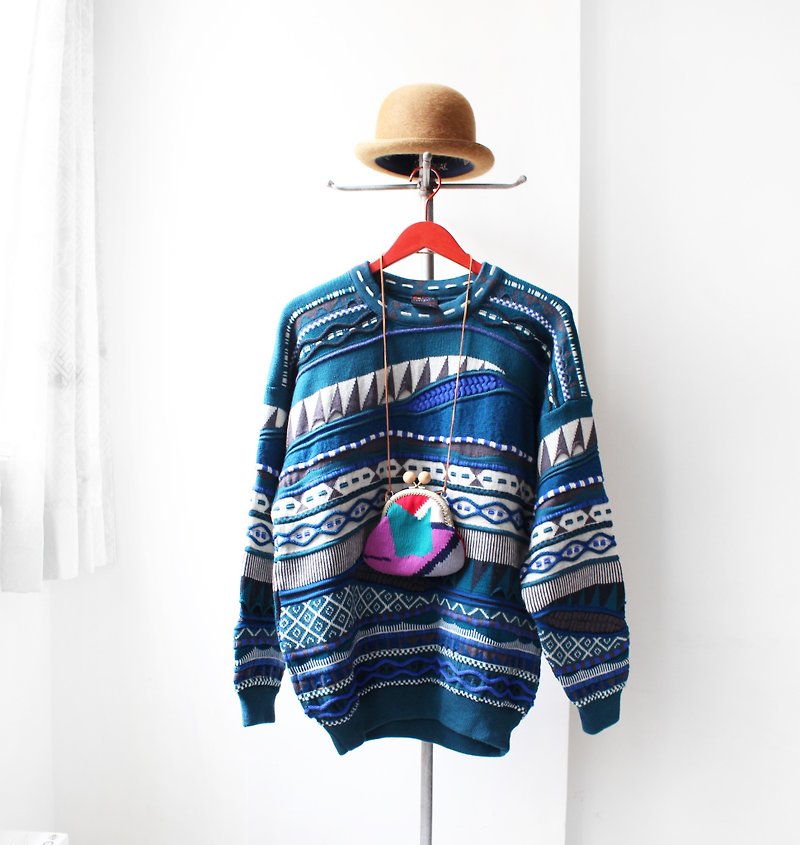 幾何学的中立セーターの質感 - ニット・セーター メンズ - ポリエステル ブルー