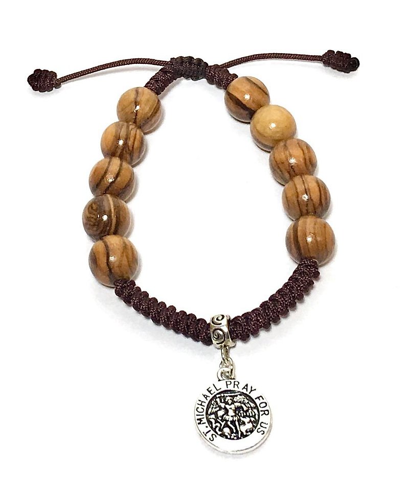 Israel Imported Olive Wood Rosary Bracelet 12mm Archangel Michael Guardian 8251229 - สร้อยข้อมือ - ไม้ สีนำ้ตาล