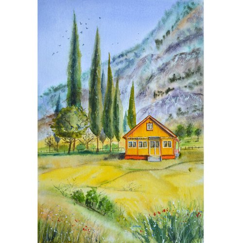 藝術家娜塔 Summer Landscape Handmade Painting Rustic Original Watercolor Mountains Wall Art