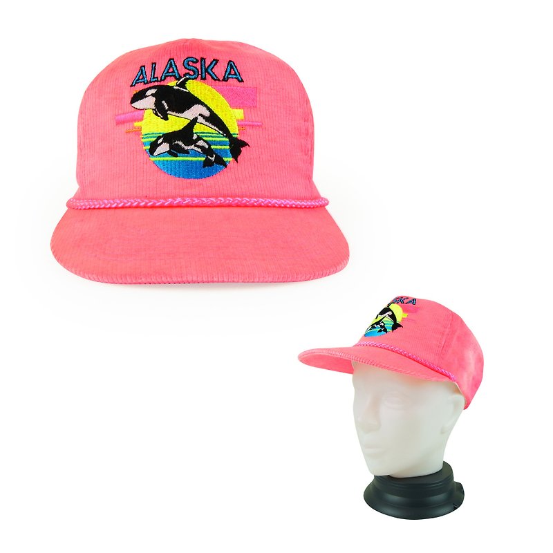A‧PRANK: DOLLY :: retro VINTAGE Alaska with bright pink dolphin embroidered baseball cap corduroy cap - หมวก - ผ้าฝ้าย/ผ้าลินิน 