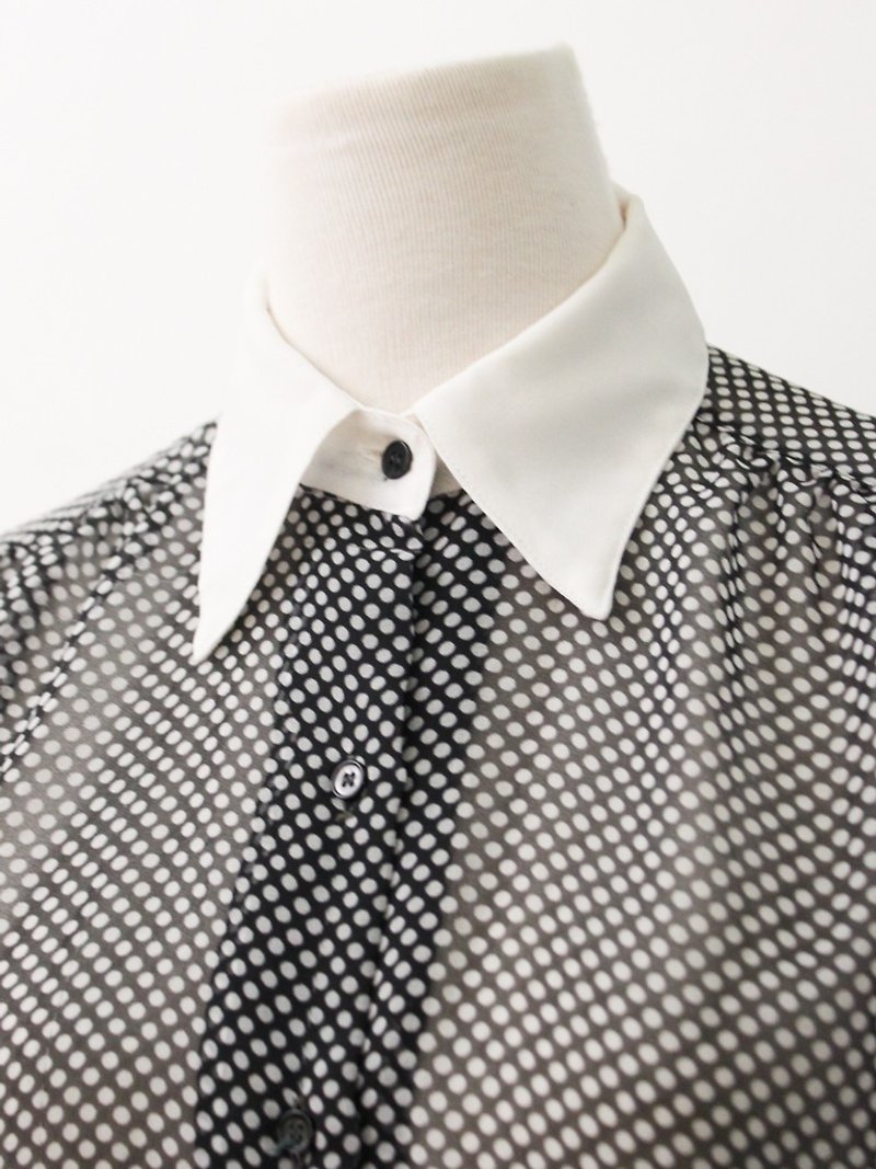 日本製復古拼接領點點黑色長袖古著襯衫 Vintage Blouse - 恤衫 - 聚酯纖維 黑色