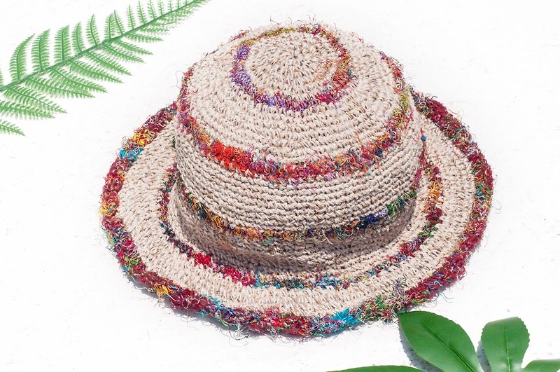 Hand-braided cotton Linen Sari cap / knit cap / hat / straw / straw hat - Africa Gradient rainbow - Hats & Caps - Cotton & Hemp Multicolor