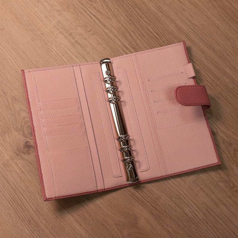 A5 Slim 6-hole leather loose-leaf handbook | notebook | universal manual - rouge powder x light pink - Notebooks & Journals - Genuine Leather Pink