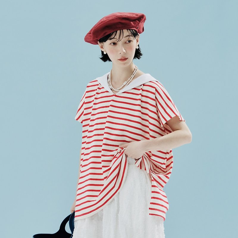 赤白ストライプ紺衿ニットトップス/半袖親子ウェア - Tシャツ - コットン・麻 レッド