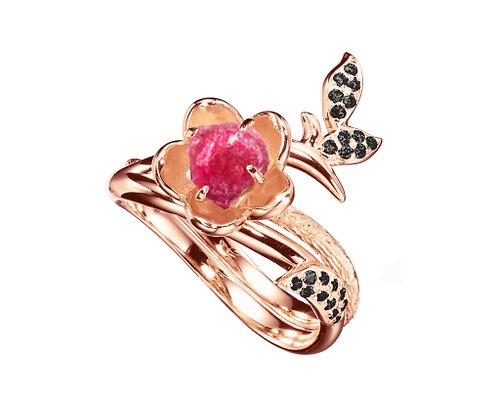 Majade Jewelry Design 紅寶石14k金黑鑽石梅花求婚戒指套裝 獨特植物原石訂婚戒指組合