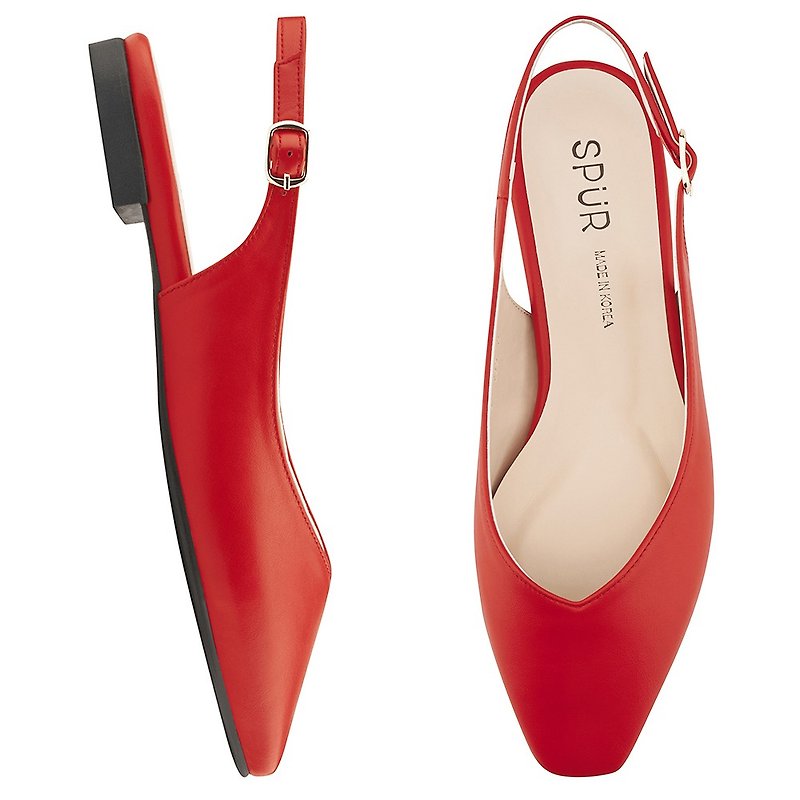 PRE-ORDER SPUR  V-cut sling back Flats QS7018 RED - รองเท้าหนังผู้หญิง - วัสดุอื่นๆ 