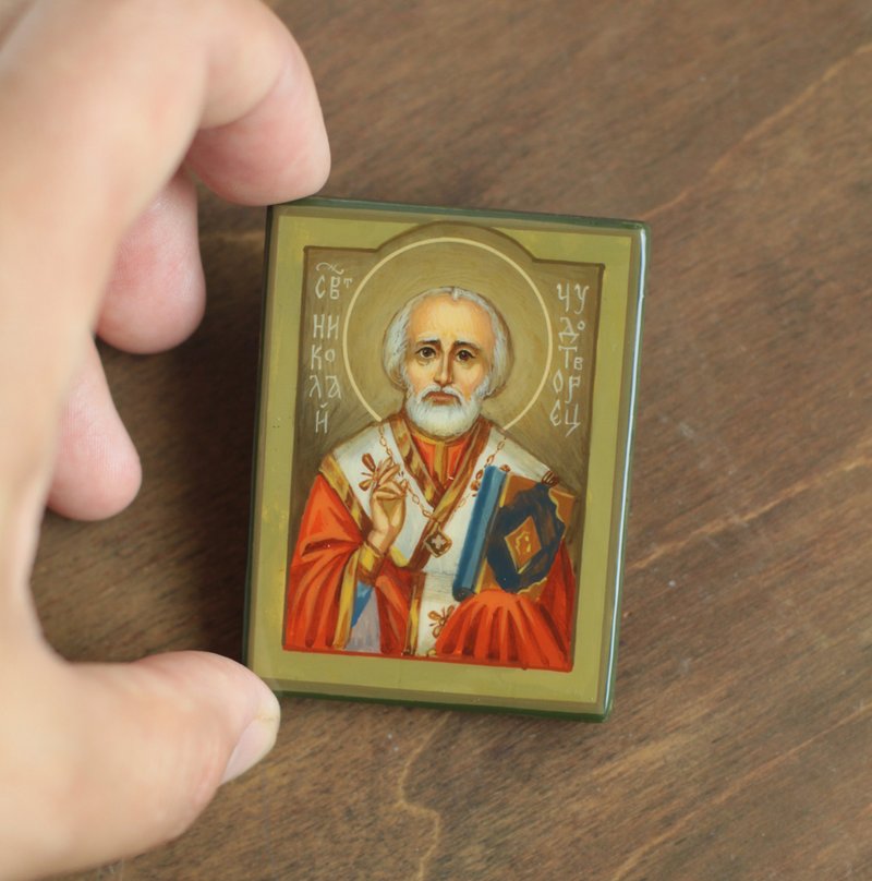 hand painted orthodox wood icon Saint Nicholas of Myra wonderworker - 其他 - 木頭 綠色